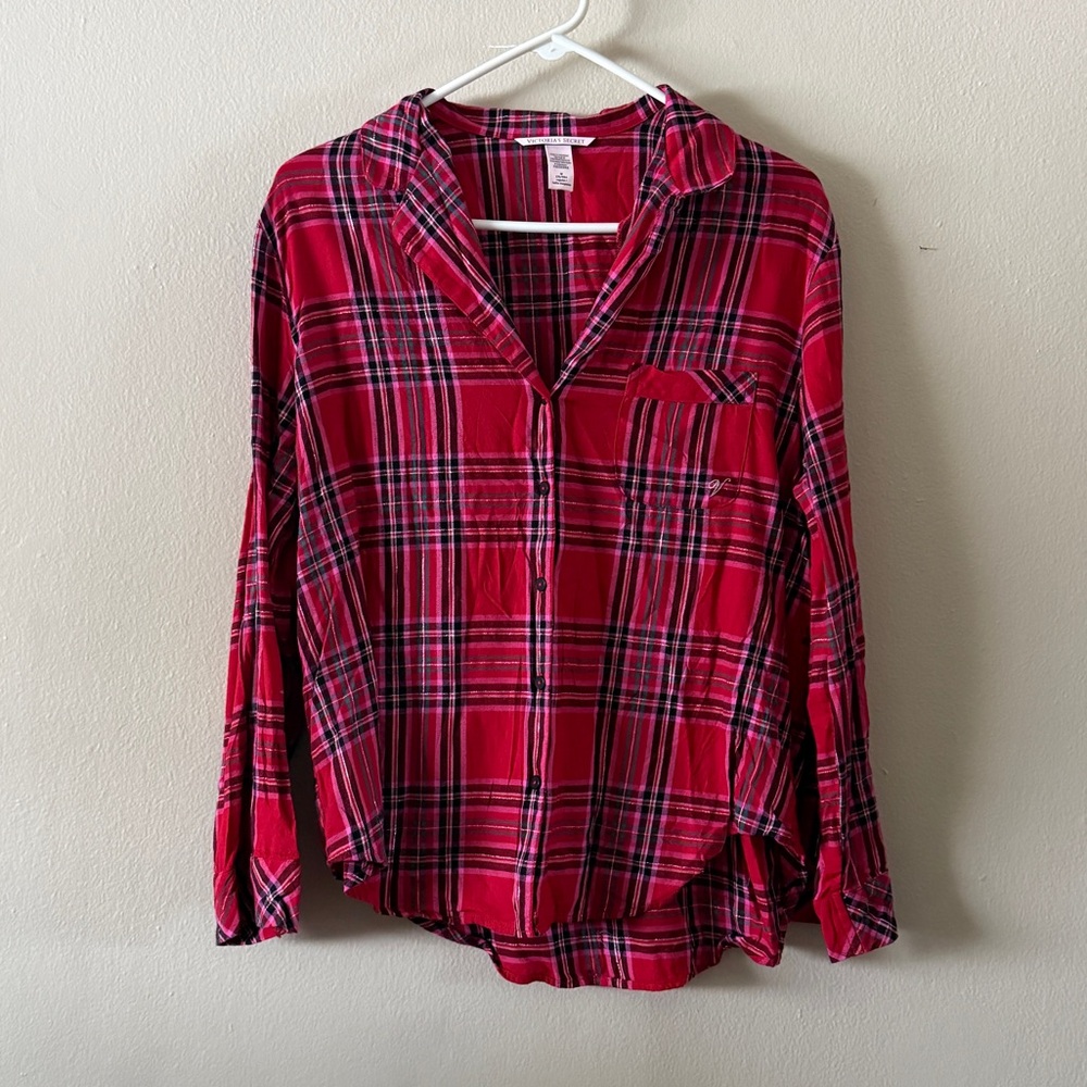 Victoria's Secret Red Plaid Cotton Modal Pajama Shirt Top Size M Embroidered